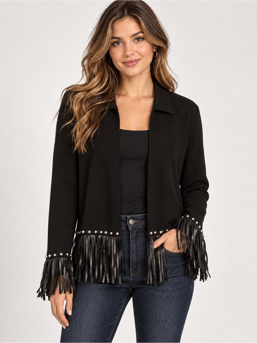 Sioni Black Vegan Leather Fringe Studded Cardigan Jacket Size XL Western